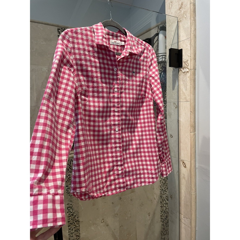 Vineyard Vines Womens Pink White Gingham Plaid Whale Button Up Blouse Shirt 6